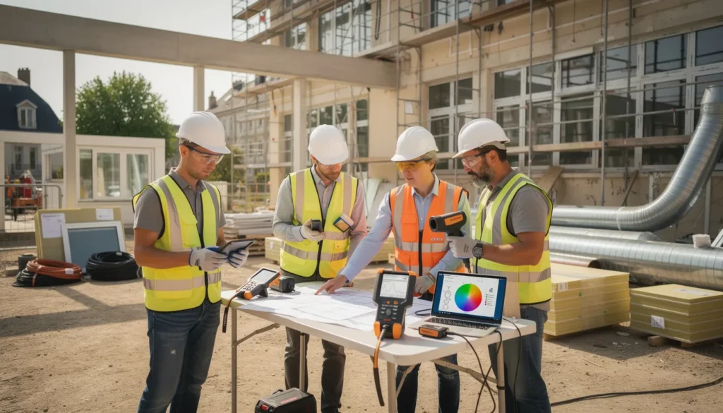 Travailleurs et experts sur un chantier de rénovation d'un lycée en Île-de-France, inspectant l'efficacité énergétique avec des outils modernes.
