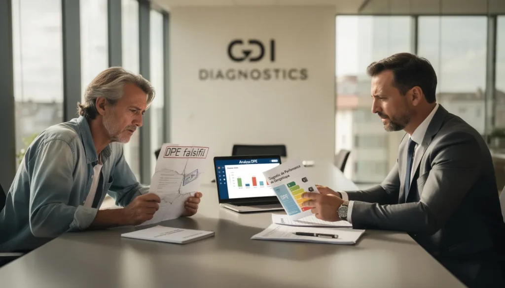 Consultation entre un propriétaire inquiet et un professionnel d'ODI-DIAGNOSTICS au sujet d'un diagnostic de performance énergétique falsifié dans un bureau moderne.