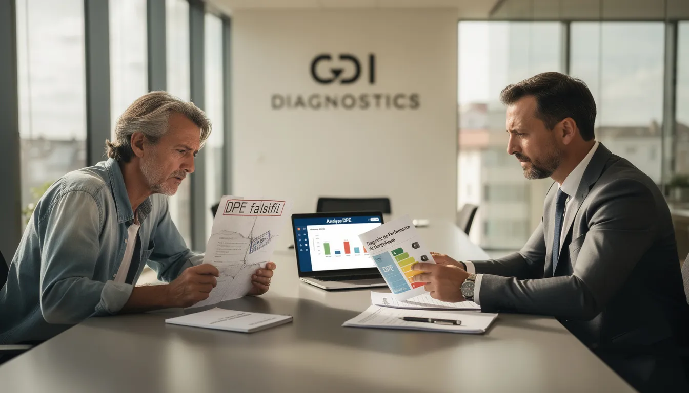 Consultation entre un propriétaire inquiet et un professionnel d'ODI-DIAGNOSTICS au sujet d'un diagnostic de performance énergétique falsifié dans un bureau moderne.