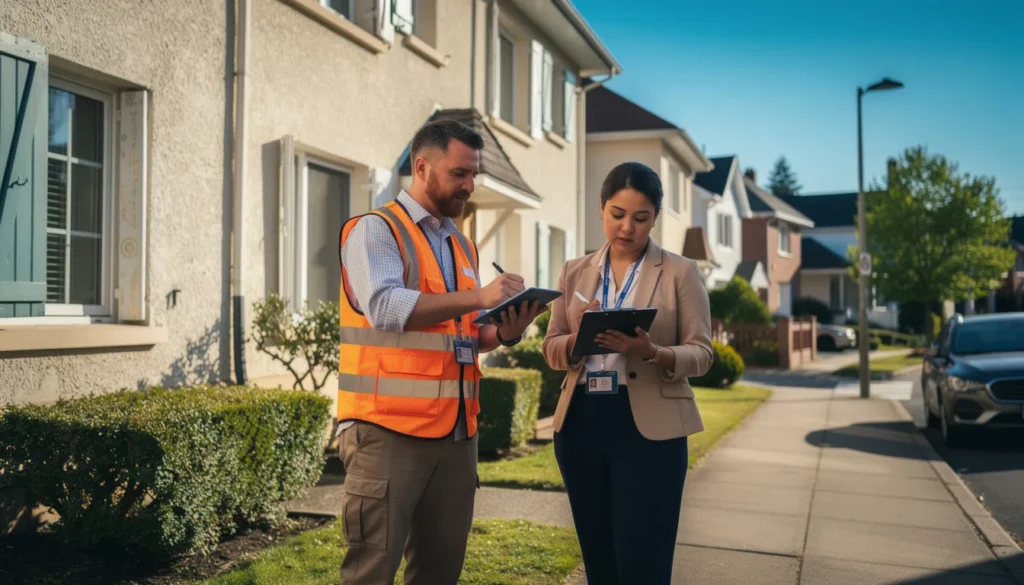 Deux professionnels en train de réaliser un diagnostic de performance énergétique devant un bâtiment résidentiel, prenant des notes sur la qualité de l'isolation.