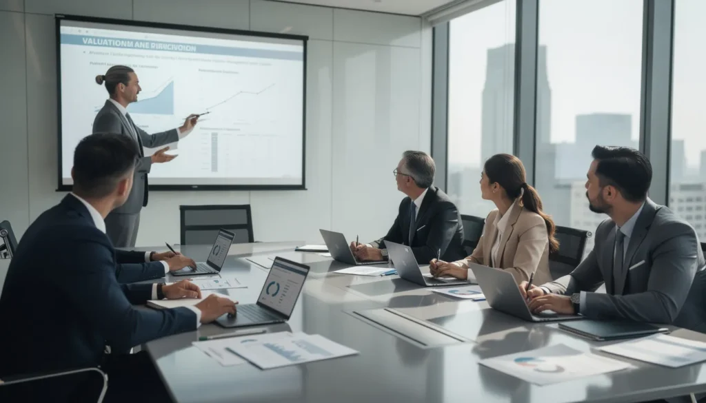 Équipe de cinq professionnels dans un bureau moderne discutant de la valorisation d'un cabinet de diagnostic immobilier autour d'une table de réunion.