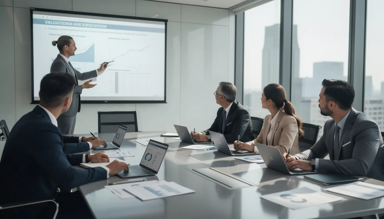 Équipe de cinq professionnels dans un bureau moderne discutant de la valorisation d'un cabinet de diagnostic immobilier autour d'une table de réunion.