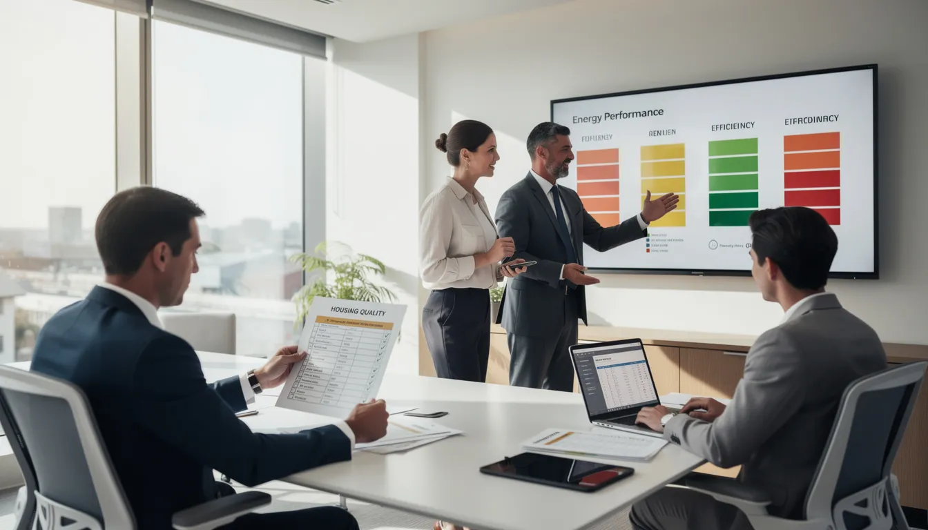 Quatre professionnels dans un bureau bien éclairé analysant des rapports immobiliers en lien avec les nouvelles régulations sur les loyers. L'un examine un document, tandis que les autres discutent autour d'un écran affichant des notes de performance énergétique.
