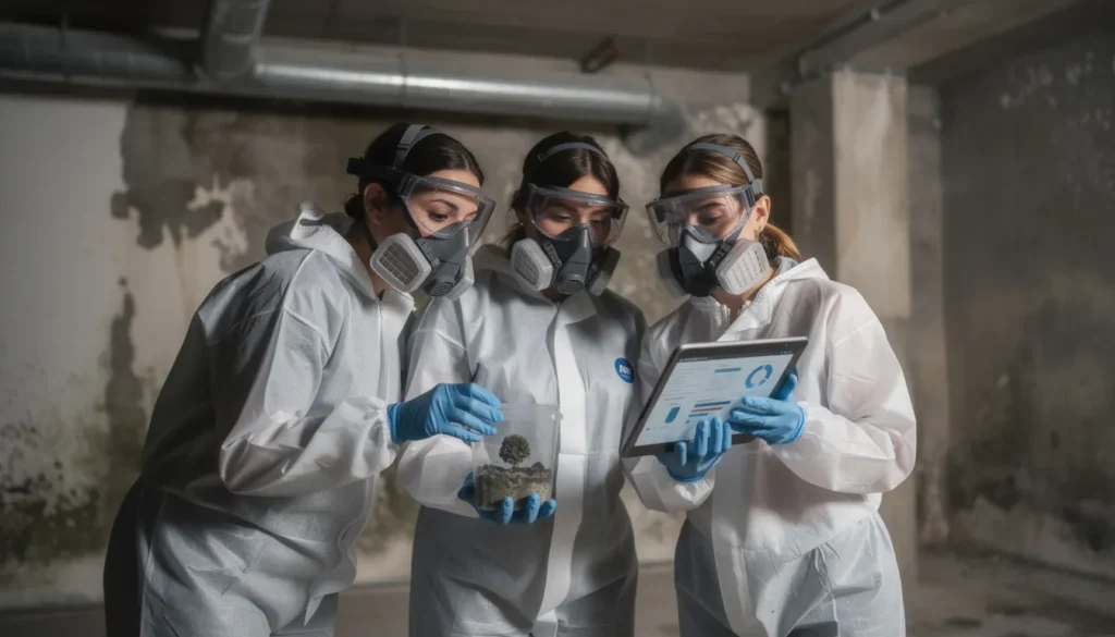 Trois expertes en diagnostics immobiliers examinant la présence de champignons dans un bâtiment, avec un environnement bien éclairé et des équipements de protection.