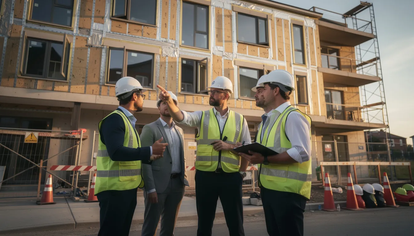 Cinq professionnels du diagnostic immobilier en site de construction, discutant des diagnostics de performance énergétique pour un bâtiment multifamilial.