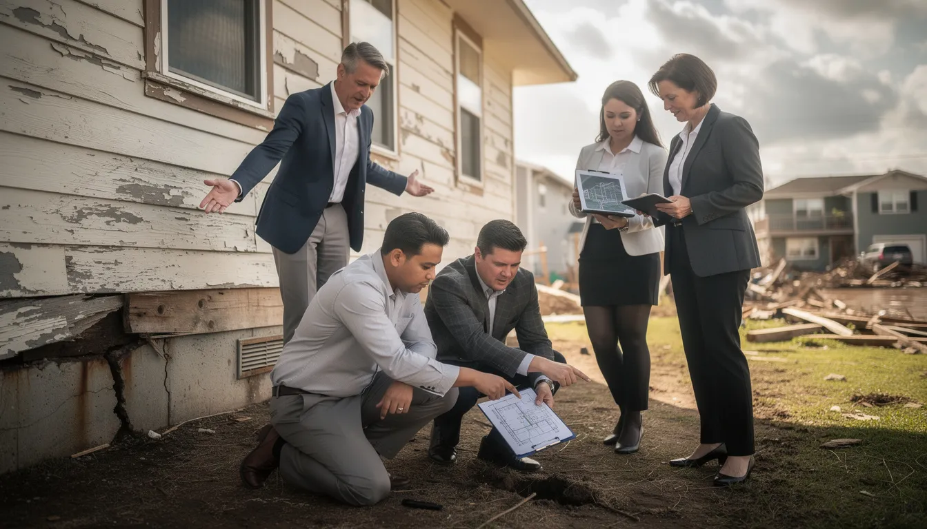 Cinq experts inspectant un bâtiment résidentiel affecté par une catastrophe naturelle, discutant des dommages causés par des mouvements de terrain et des inondations.