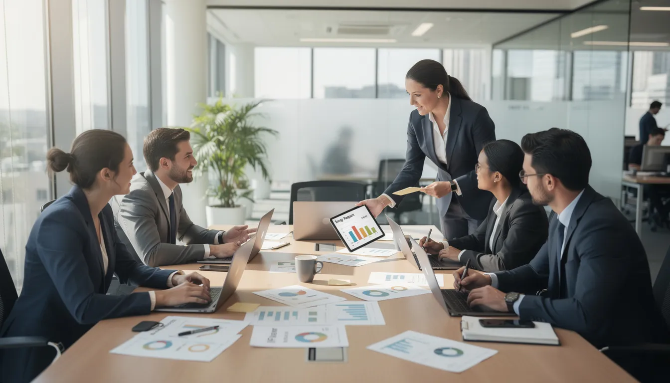 Une équipe de cinq professionnels dans un bureau lumineux discutant des innovations en diagnostics immobiliers, notamment le DPE et les KPI, avec des ordinateurs et des documents sur la table.