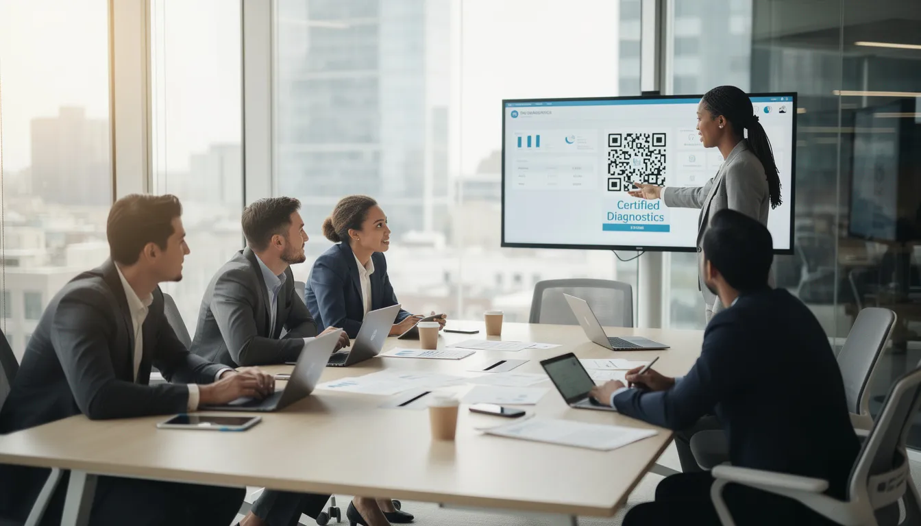 Une équipe de cinq professionnels dans un bureau moderne discutant d'une nouvelle plateforme de diagnostics immobiliers avec un code QR sur un écran.