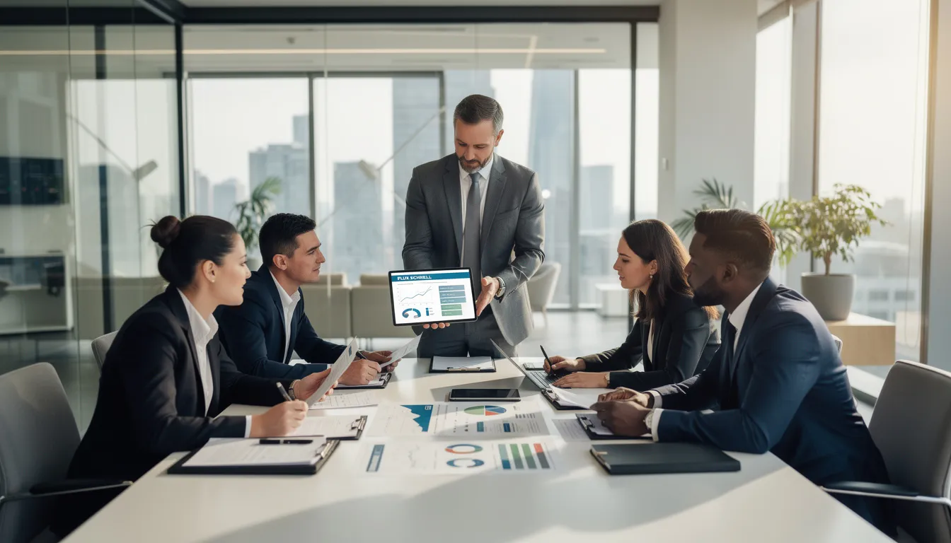 Cinq professionnels en tenue formelle discutant autour d'une table d'un rapport de diagnostic de performance énergétique dans un bureau moderne.