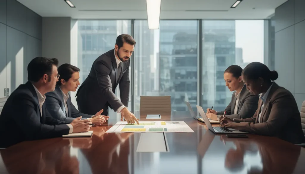 Groupe de cinq professionnels autour d'une table de conférence examinant un rapport de diagnostic sur les risques immobiliers dans un bureau moderne avec une lumière dynamique.