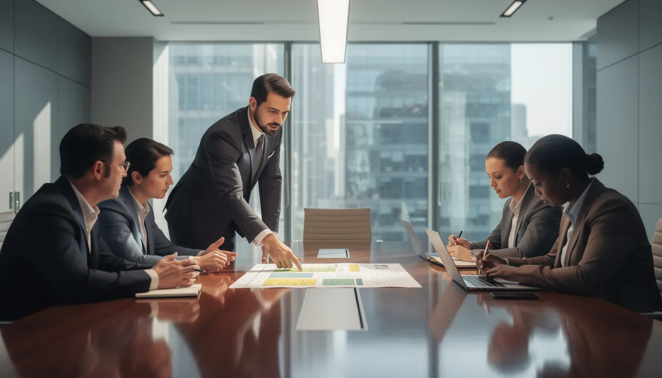 Groupe de cinq professionnels autour d'une table de conférence examinant un rapport de diagnostic sur les risques immobiliers dans un bureau moderne avec une lumière dynamique.