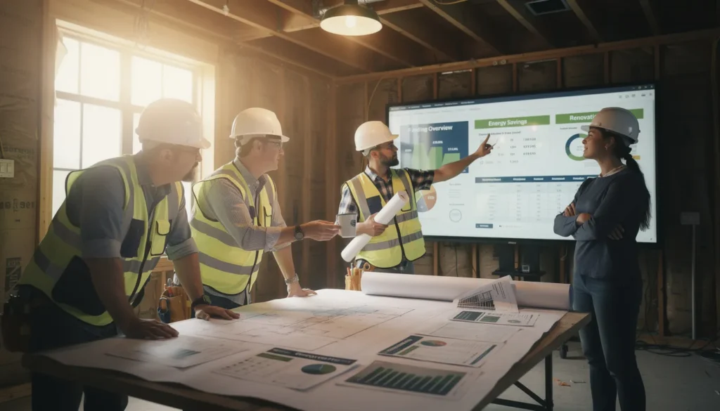 Cinq professionnels de la construction discutant des stratégies de rénovation énergétique sur un chantier, examinant des plans et des données de financement.