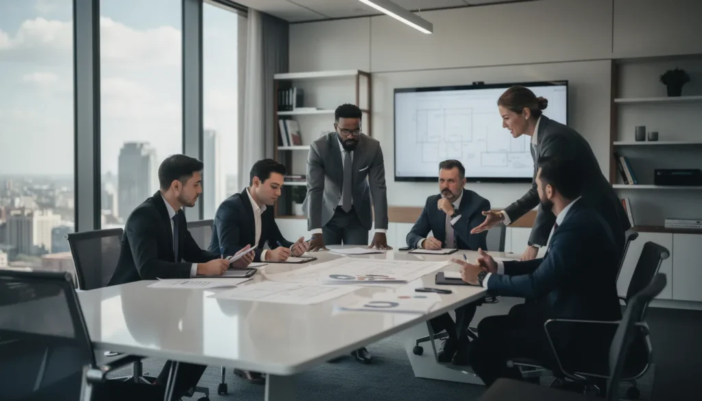 Cinq géomètres-experts et diagnostiqueurs discuter autour d'une table en réunion professionnelle sur l'ordre des diagnostiqueurs dans un bureau moderne, avec des rapports et des plans devant eux.