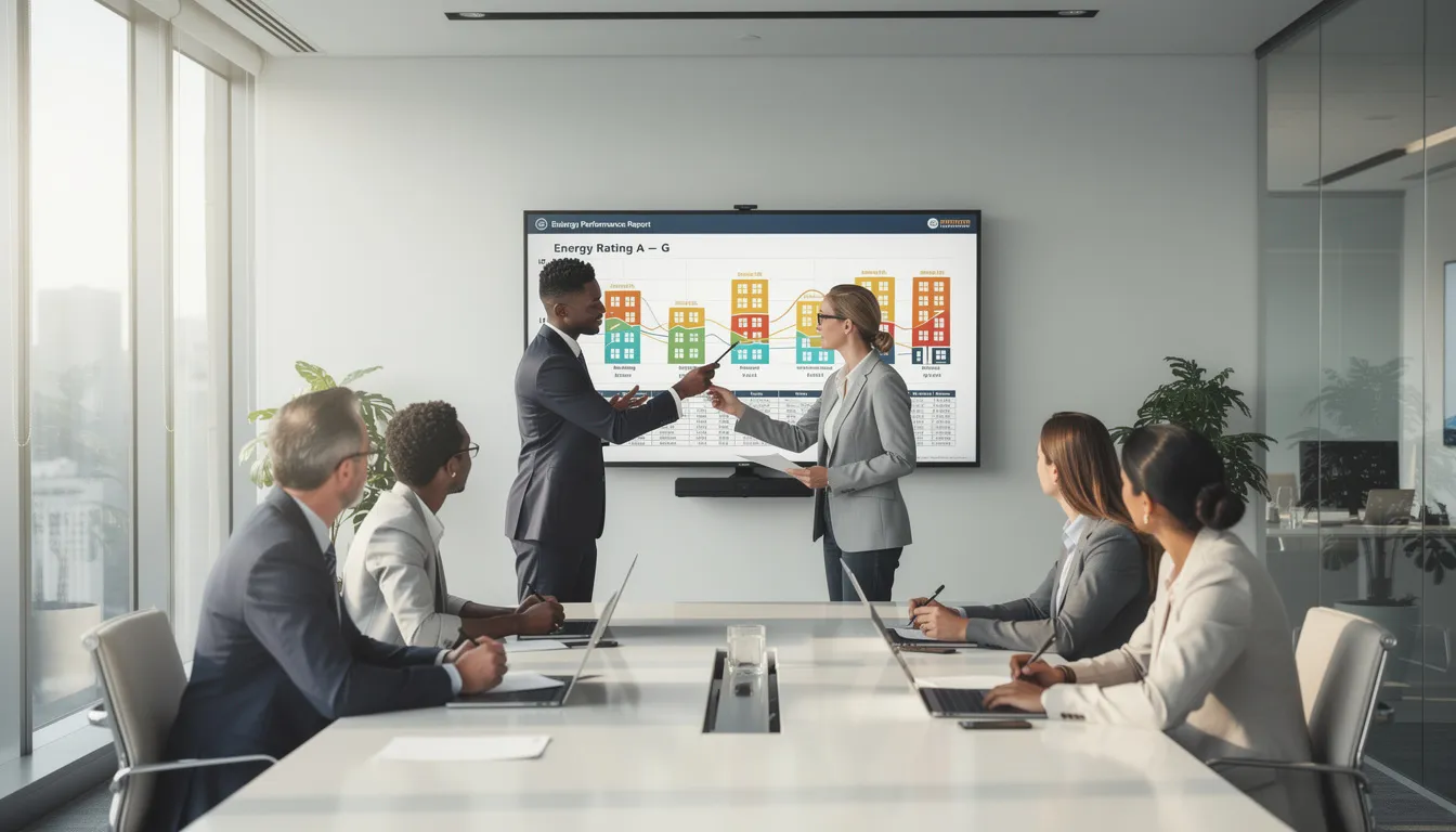 Un groupe de cinq professionnels dans un bureau moderne analysant un rapport de performance énergétique avec un graphique affiché à l'écran, en pleine discussion.