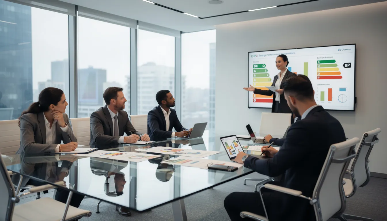 Cinq professionnels réunis dans un bureau moderne discutant des avancées technologiques en matière de diagnostics immobiliers, entourés de graphiques et de rapports sur le diagnostic de performance énergétique.