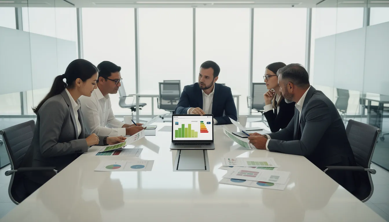 Cinq professionnels en tenue de travail se réunissant autour d'une table pour discuter des diagnostics de performance énergétique, examinant des rapports et des données sur un ordinateur portable.