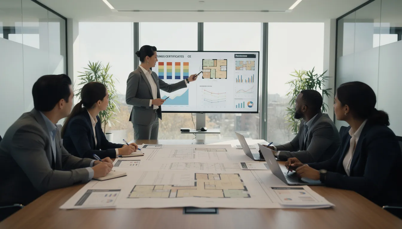 Cinq professionnels dans un bureau moderne discutant des certificats d'économie d'énergie, autour d'une table avec des plans et des rapports énergétiques.