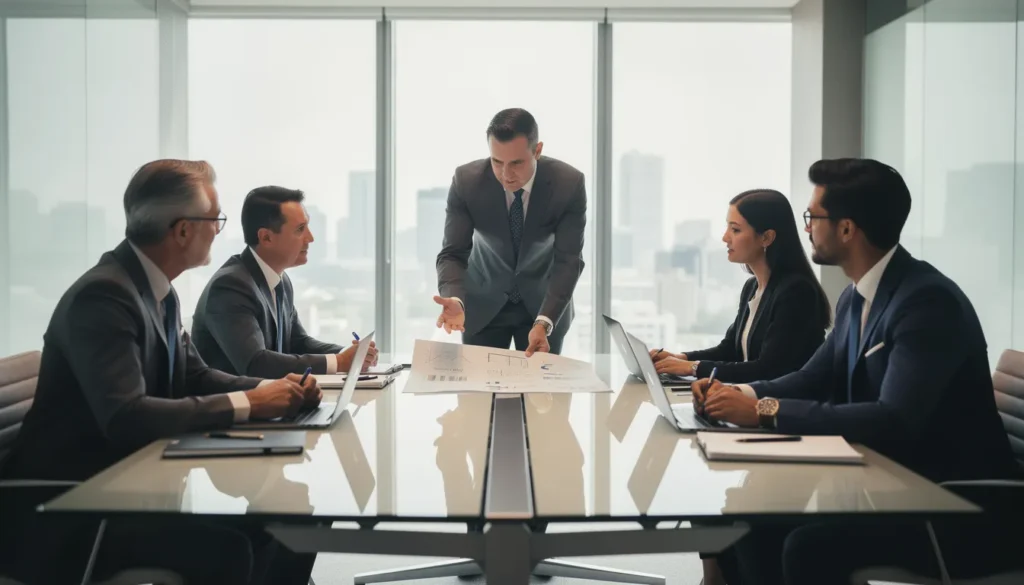 Cinq professionnels en tenue formelle se réunissent dans un bureau moderne pour discuter des défis et des réformes nécessaires dans la profession de diagnostic immobilier.