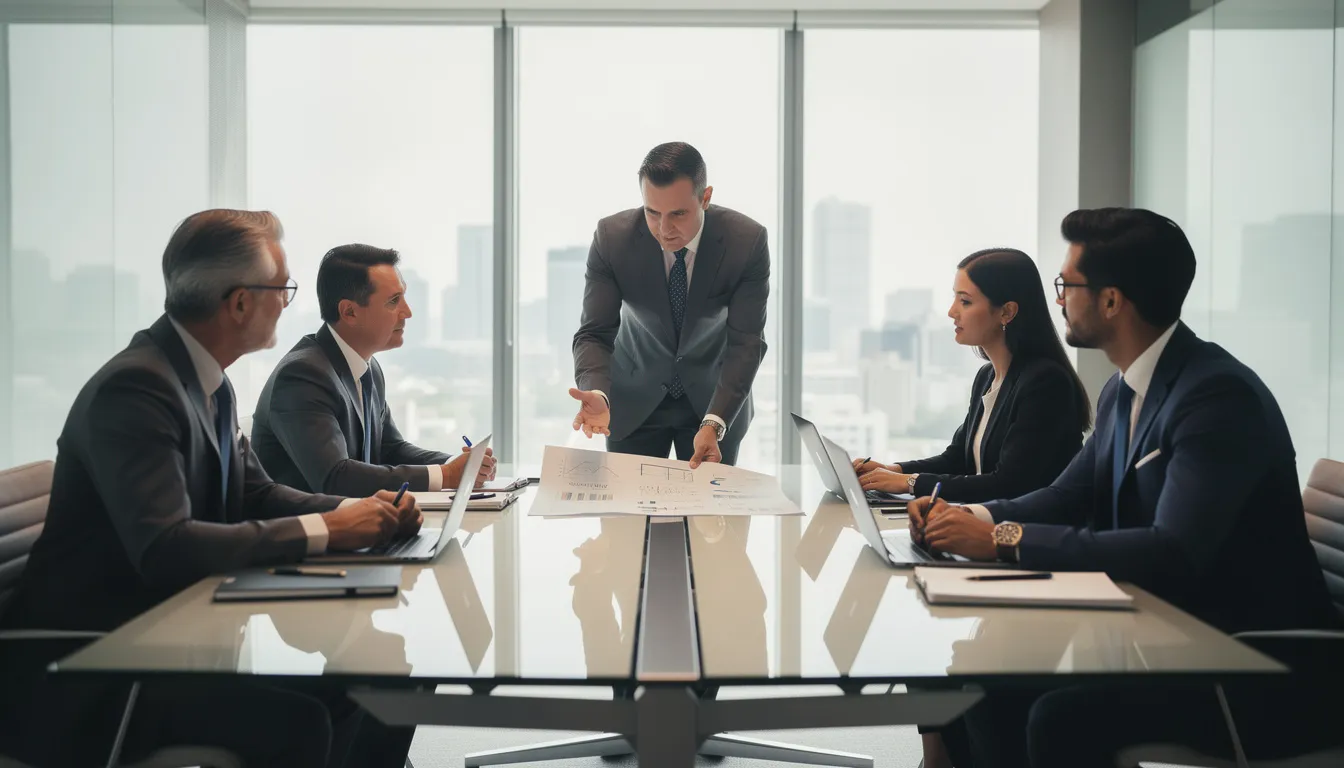 Cinq professionnels en tenue formelle se réunissent dans un bureau moderne pour discuter des défis et des réformes nécessaires dans la profession de diagnostic immobilier.