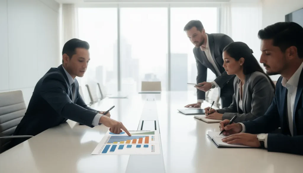 Un groupe de cinq professionnels en réunion discutant de l'impact de l'instabilité politique sur le marché immobilier, avec des rapports analytiques et des graphiques sur la table.