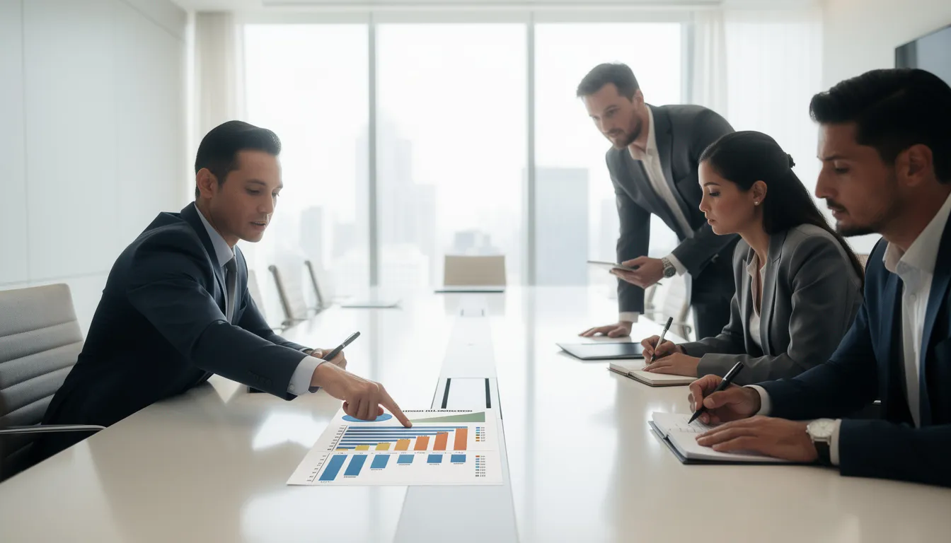 Un groupe de cinq professionnels en réunion discutant de l'impact de l'instabilité politique sur le marché immobilier, avec des rapports analytiques et des graphiques sur la table.