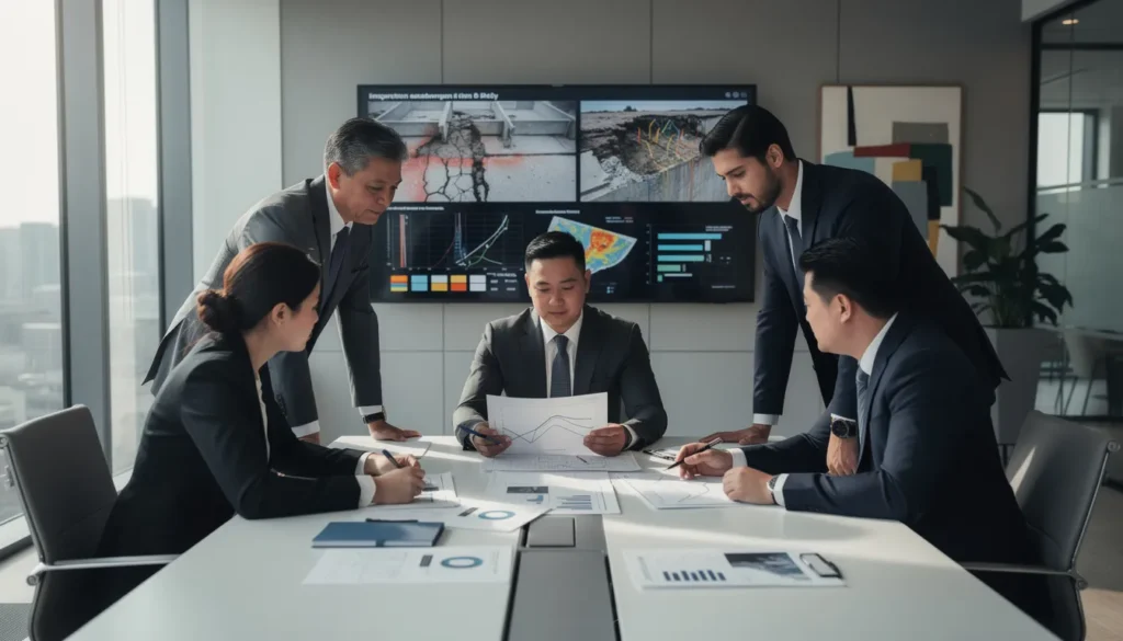Cinq professionnels en tenue formelle discutent d'un rapport d'inspection d'un bâtiment dans un bureau lumineux, analysant des graphiques liés aux dommages structurels dus à des catastrophes naturelles.