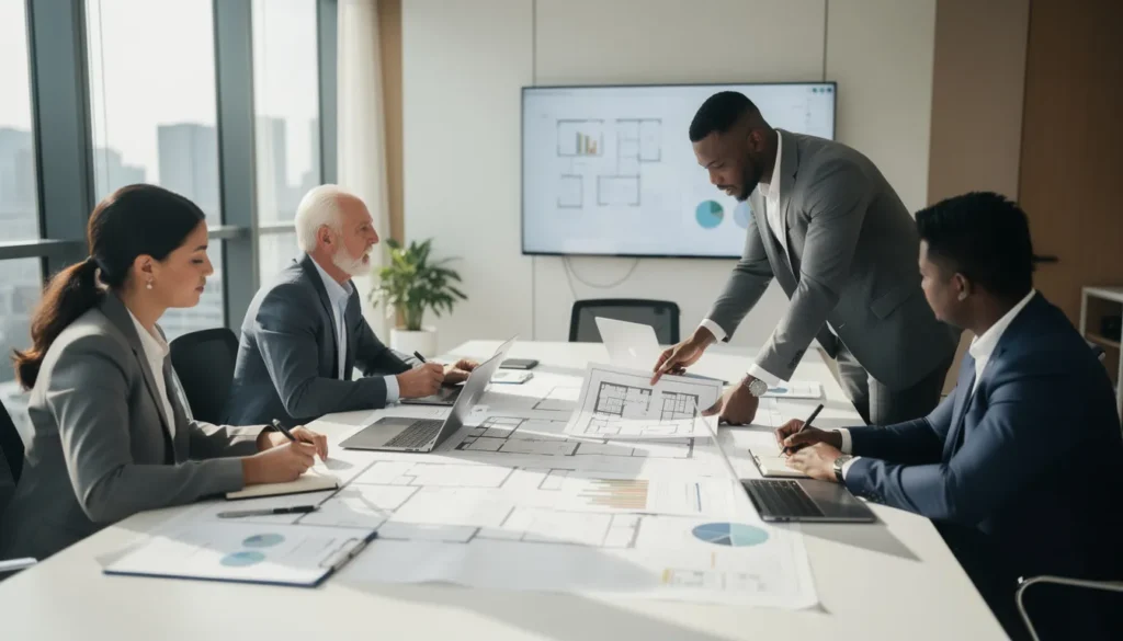 Cinq professionnels de l'immobilier en réunion dans un bureau moderne, discutant des stratégies de rénovation énergétique avec des plans et des rapports étalés sur la table.