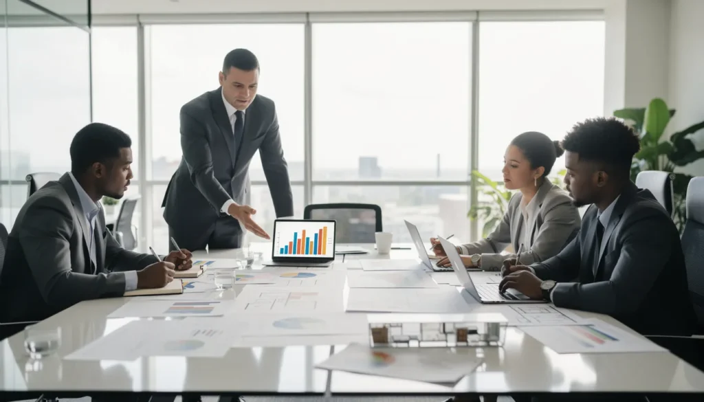 Cinq professionnels dans un bureau lumineux discutant autour d'un rapport d'audit énergétique, avec des plans et des graphiques sur la table.