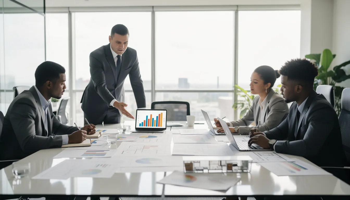 Cinq professionnels dans un bureau lumineux discutant autour d'un rapport d'audit énergétique, avec des plans et des graphiques sur la table.