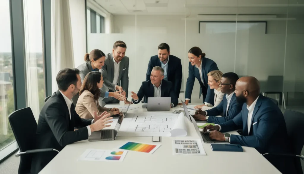 Un groupe de professionnels divers discutant autour d'une table dans une salle de conférence moderne, avec des plans et des rapports d'audit énergétique sur la table, illustrant la collaboration pour la gestion durable des propriétés.
