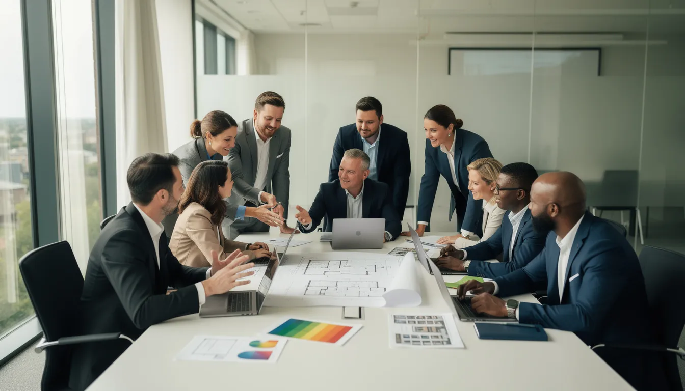 Un groupe de professionnels divers discutant autour d'une table dans une salle de conférence moderne, avec des plans et des rapports d'audit énergétique sur la table, illustrant la collaboration pour la gestion durable des propriétés.