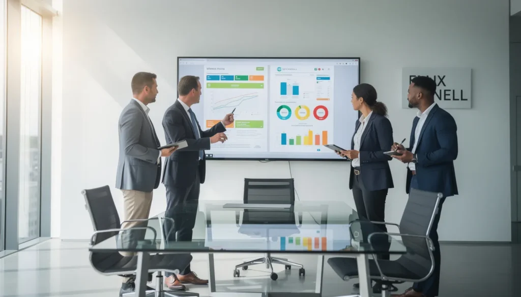 Cinq professionnels dans un bureau moderne examinant des rapports de diagnostic de performance énergétique (DPE) affichés sur un écran avec un éclairage naturel.