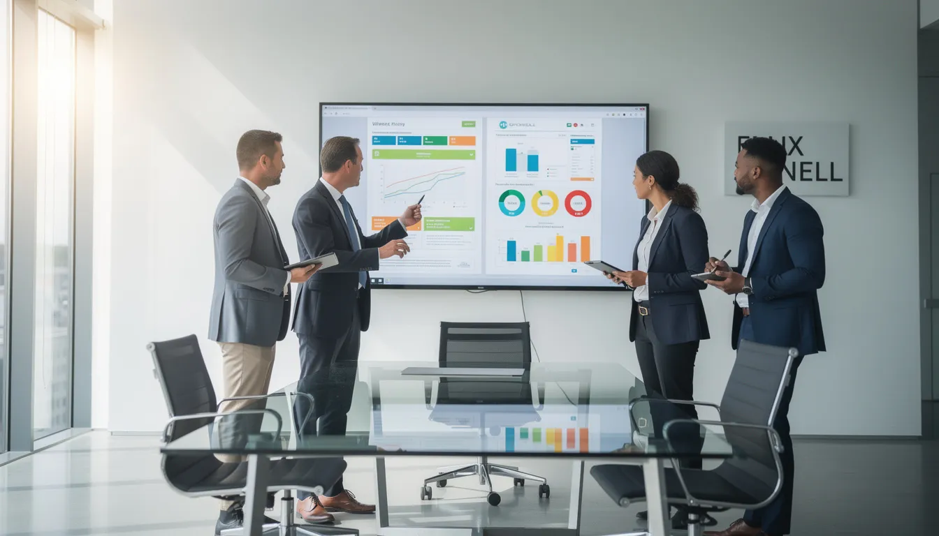 Cinq professionnels dans un bureau moderne examinant des rapports de diagnostic de performance énergétique (DPE) affichés sur un écran avec un éclairage naturel.