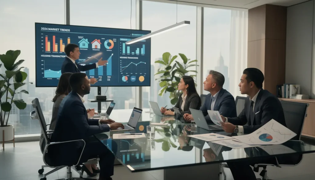 Cinq professionnels de l'immobilier dans un bureau moderne, discutant des tendances du marché immobilier ancien en 2024, avec des graphiques projetés sur un écran.