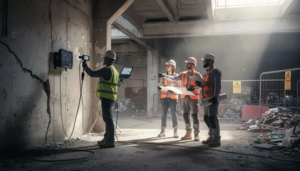 Cinq professionnels en inspection sur un chantier, évaluant un bâtiment ancien pour un diagnostic immobilier sur les matériaux et équipements.