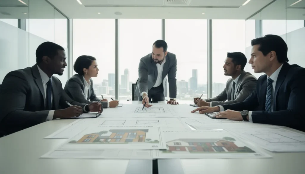 Groupe de cinq professionnels discutant de la stratégie du logement en France sous la loi CHOC, avec des plans architecturaux sur la table dans un bureau moderne.
