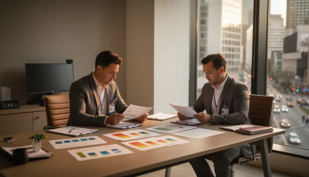 Deux diagnostiqueurs professionnels analysant des rapports de diagnostic de performance énergétique dans un bureau moderne, représentant l'expertise d'ODI-DIAGNOSTICS.