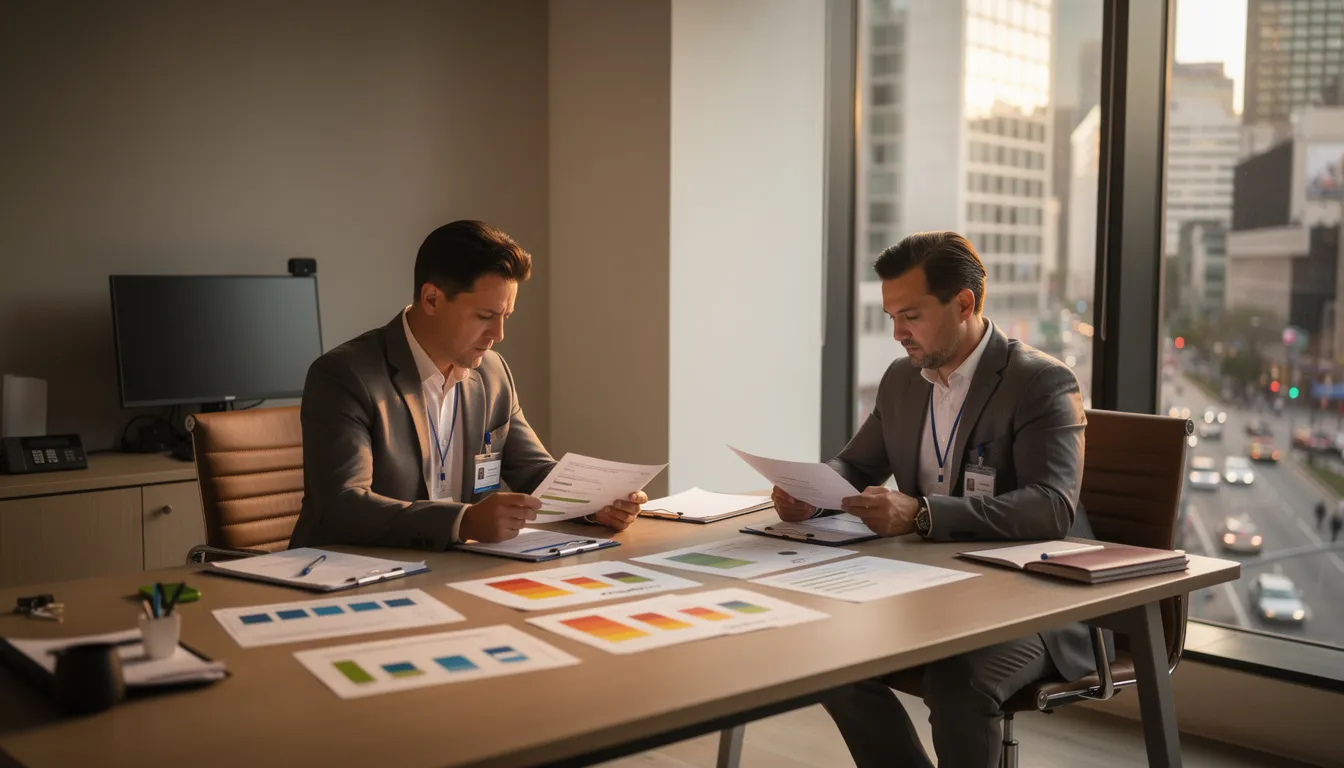 Deux diagnostiqueurs professionnels analysant des rapports de diagnostic de performance énergétique dans un bureau moderne, représentant l'expertise d'ODI-DIAGNOSTICS.