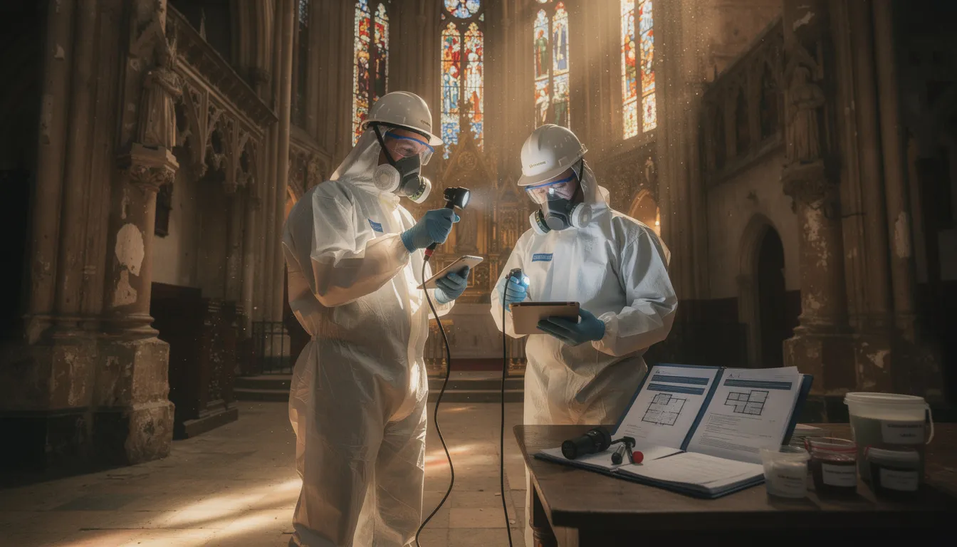 Deux professionnels en tenue de protection inspectant une église historique pour détecter la présence d'amiante et de plomb, avec des équipements spécialisés et des documents de diagnostic.