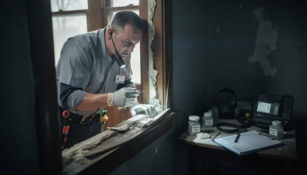 Un professionnel certifié inspectant une fenêtre ancienne lors d'une évaluation du risque d'amiante dans un bâtiment résidentiel, mettant en avant l'importance de la sécurité dans le diagnostic immobilier.
