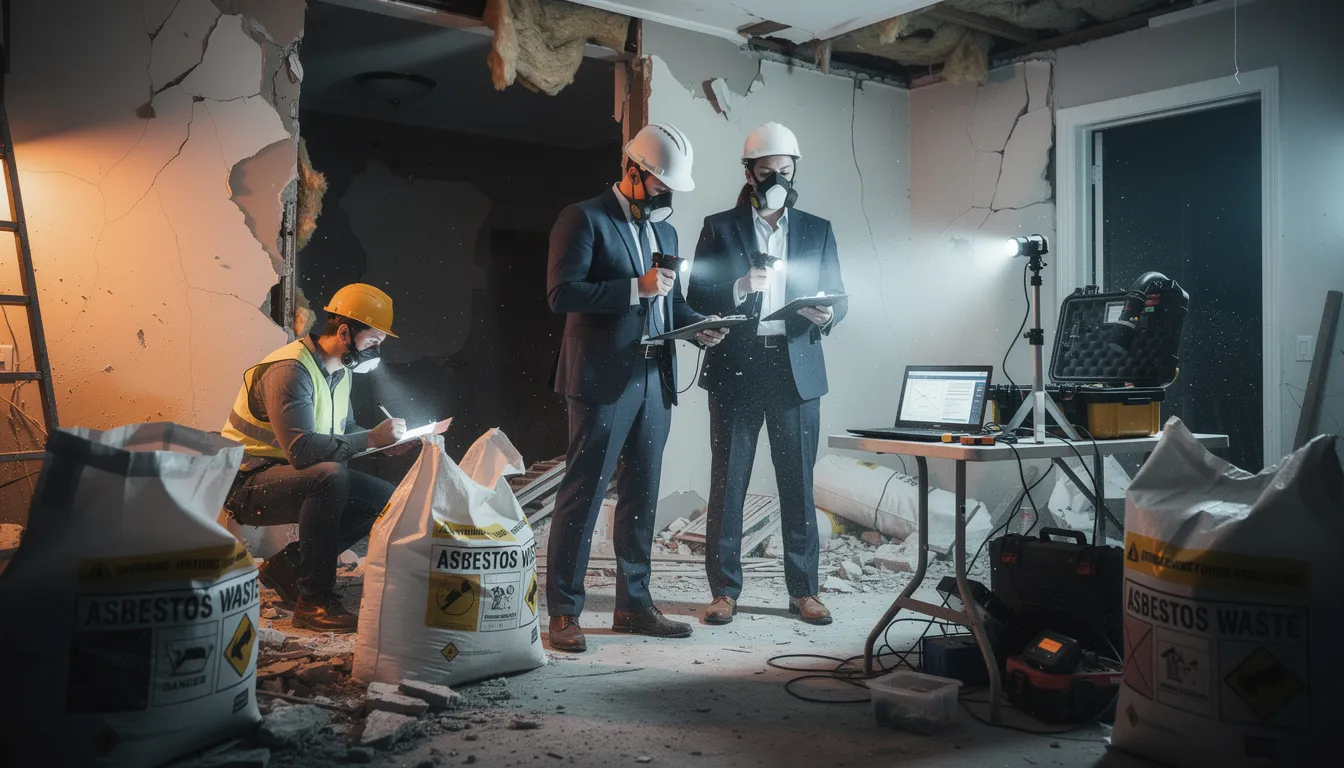 Équipe de professionnels inspectant un bâtiment résidentiel après un sinistre, se concentrant sur le repérage de l'amiante avec des outils et des documents.