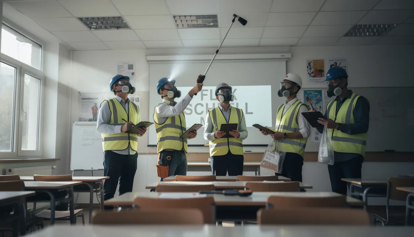 Cinq professionnels inspectant une salle de classe pour détecter la présence d'amiante, mettant en avant l'importance de la sécurité dans les écoles.