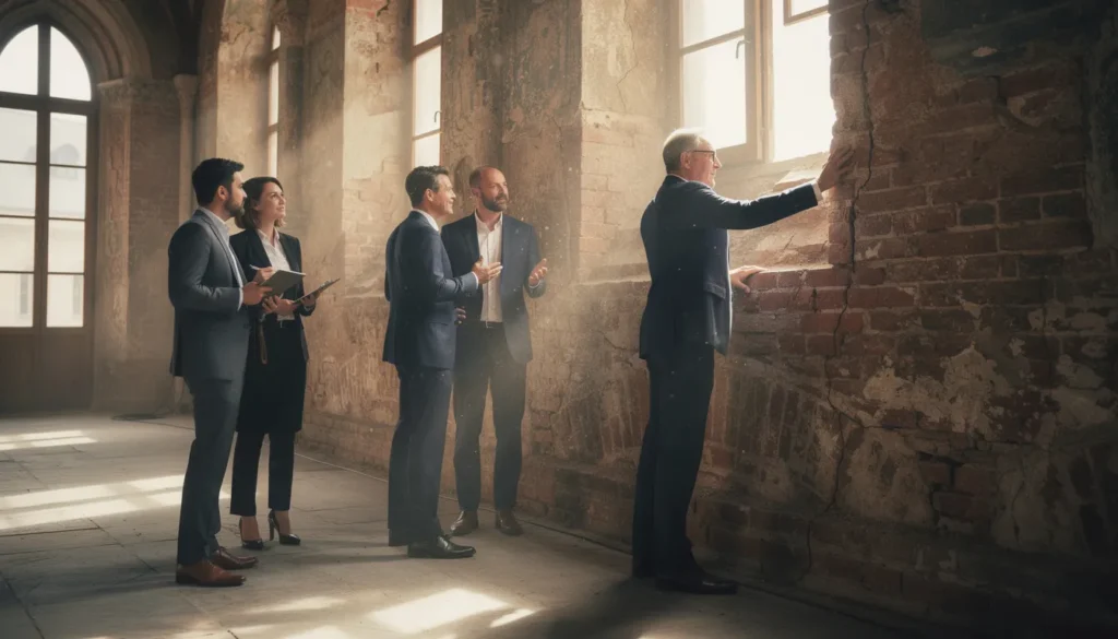 Equipe de cinq professionnels inspectant un bâtiment ancien pour évaluer son efficacité énergétique, l'un examinant une structure murale et un autre prenant des notes.