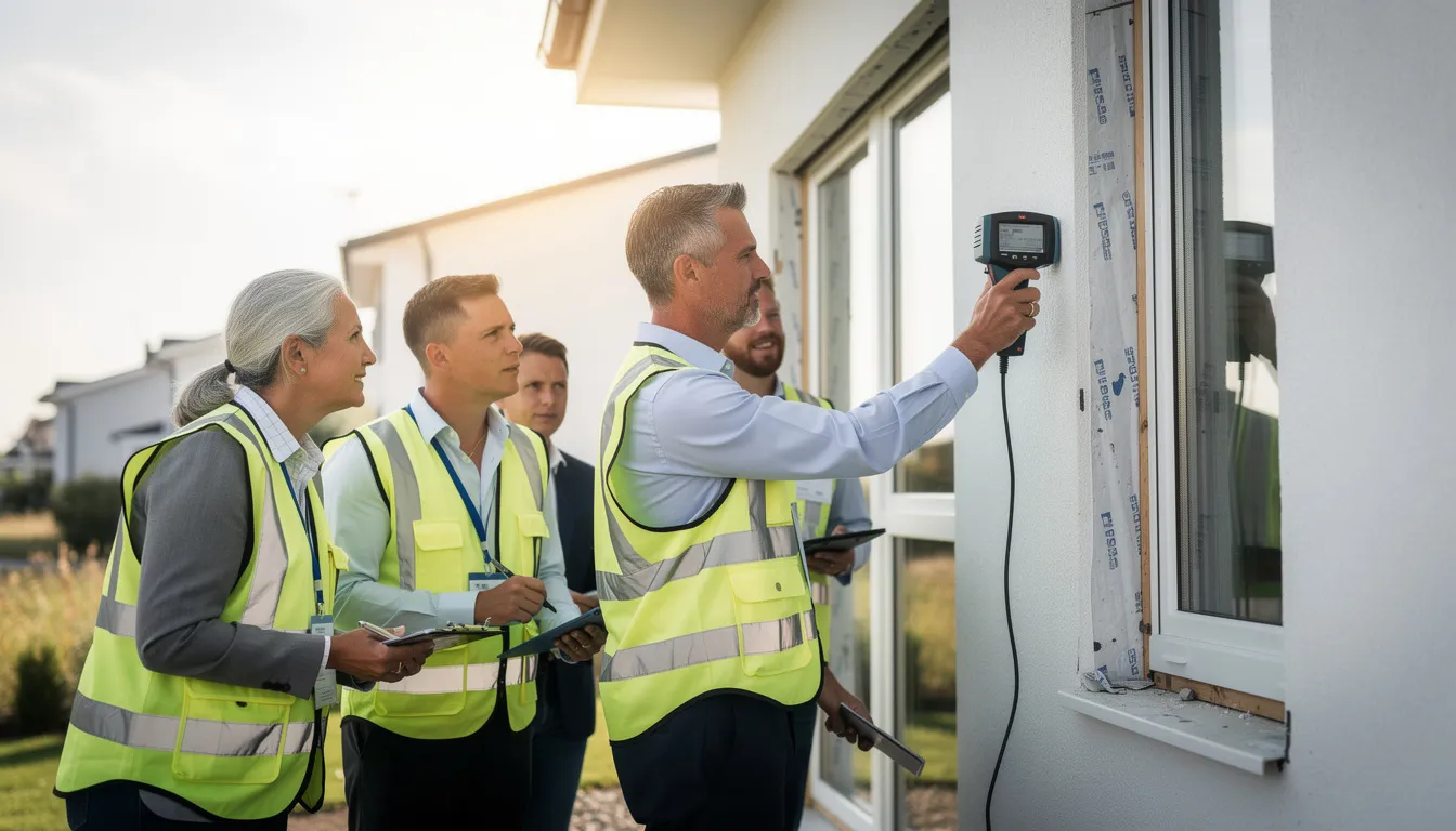 Un groupe de professionnels en train d'inspecter un bâtiment résidentiel pour des diagnostics énergétiques, montrant un technicien prenant des mesures avec un outil spécialisé.