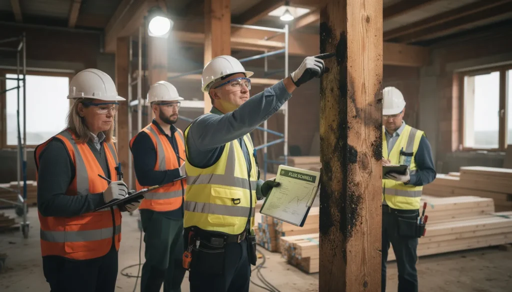 Quatre professionnels en tenue de sécurité inspectant une structure en bois d'un bâtiment à la recherche de signes d'infestation par la mérule, avec un rapport de diagnostic ouvert.