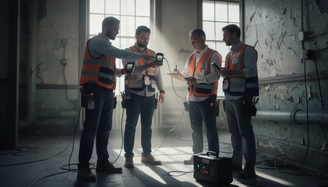 Quatre professionnels inspectant un bâtiment ancien pour mesurer les niveaux de radon, utilisant des équipements spécialisés dans une ambiance professionnelle.