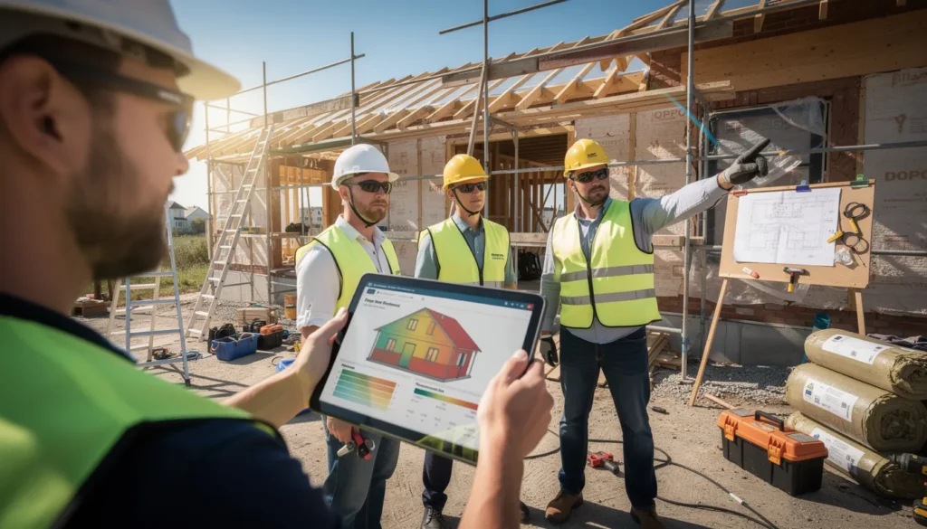 Cinq professionnels inspectant un bâtiment résidentiel sur un chantier, travaillant sur des diagnostics de performance énergétique sous un soleil estival.