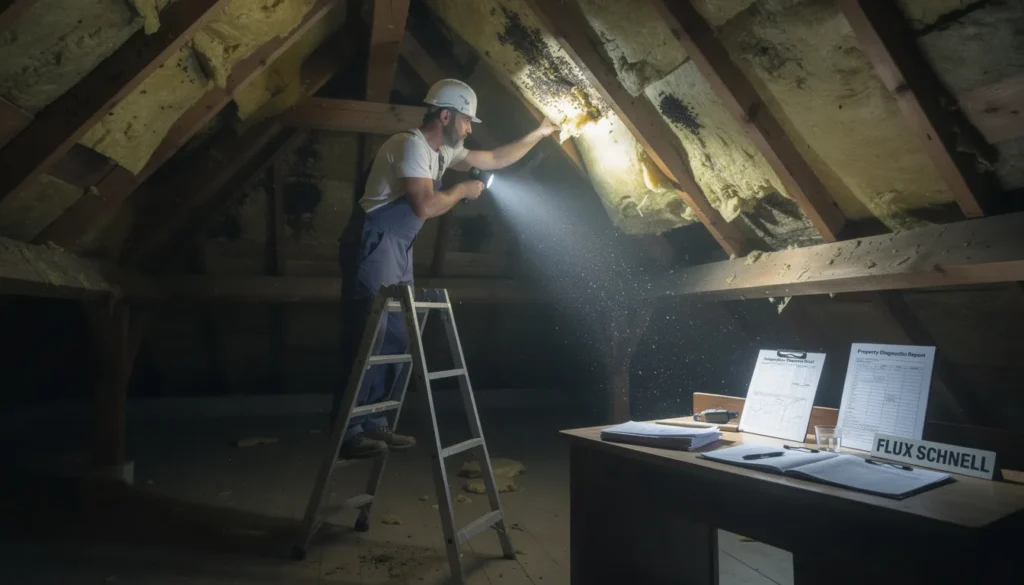 Un inspecteur professionnel utilisant une échelle pour examiner les combles d'un immeuble résidentiel, mettant en avant les problèmes d'infestation par des parasites et d'humidité.