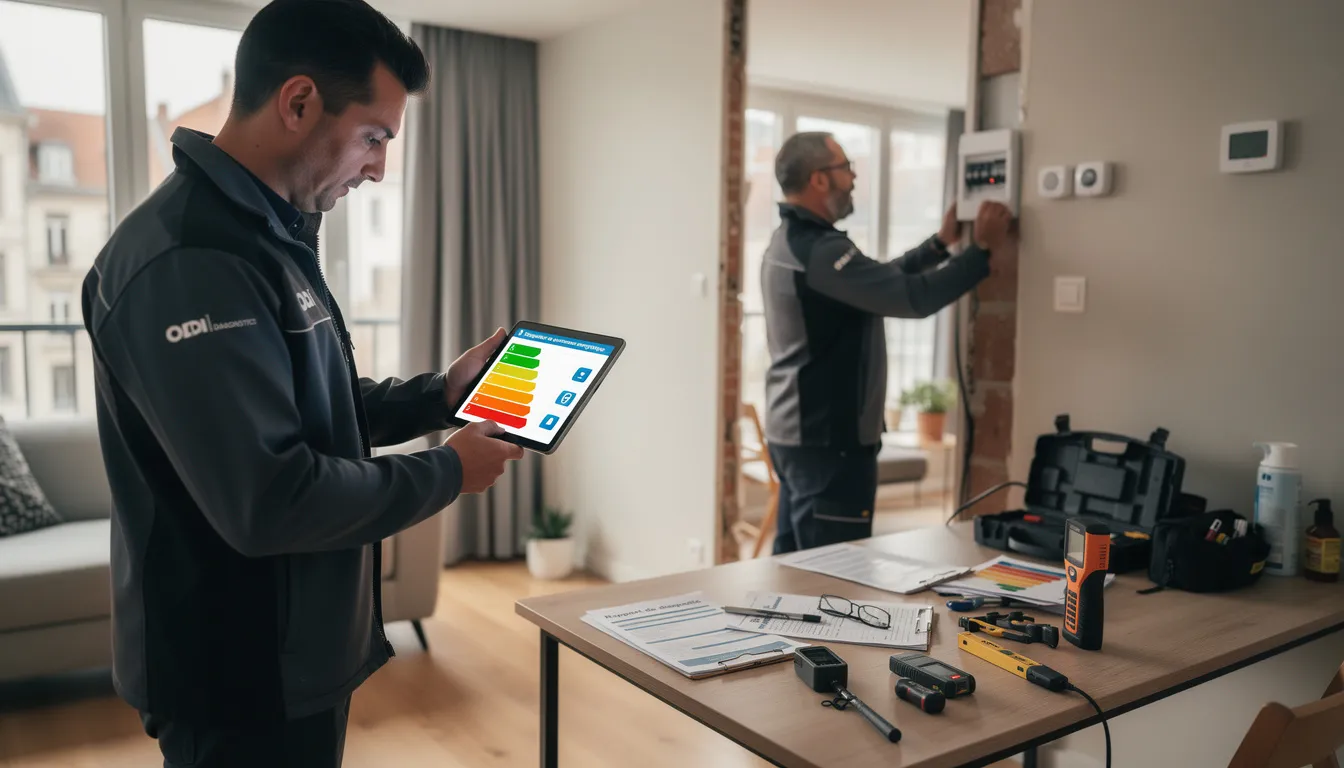 Deux experts d'ODI-DIAGNOSTICS effectuant une inspection de diagnostic immobilier dans un immeuble résidentiel à Lille, mettant en avant l'expertise en performance énergétique et en sécurité des bâtiments.