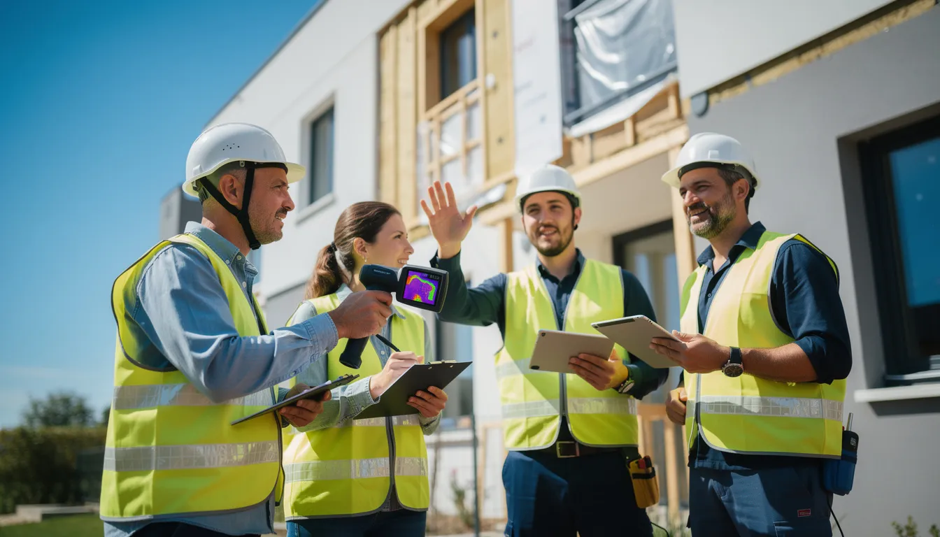 Équipe de quatre experts procédant à une inspection de bâtiment résidentiel pour un diagnostic de performance énergétique, mettant en avant l'importance de la précision dans les évaluations énergétiques.